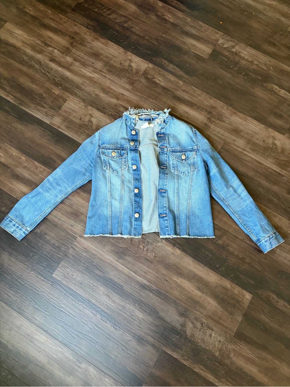 H&M Light Blue Frayed Collar Denim Jacket size 10